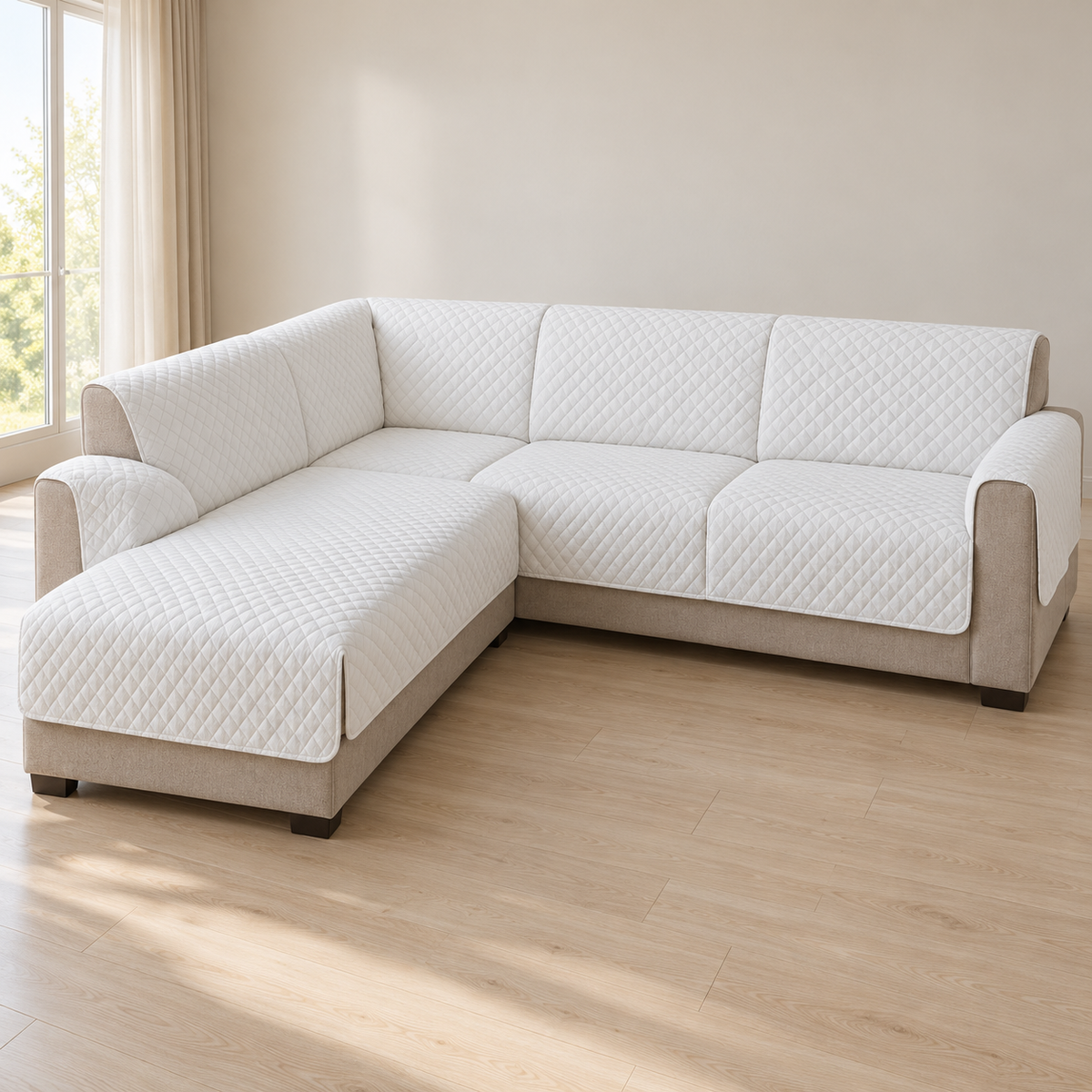 L-Shape Ultrasonic Quilted Sofa Cover – White