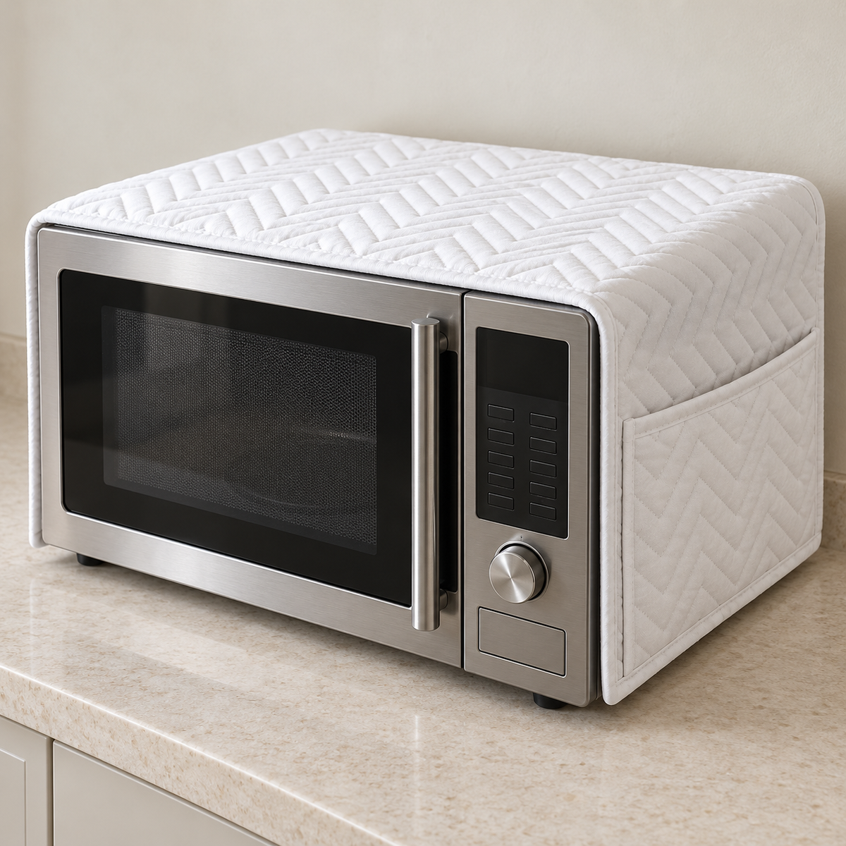 Zigzag Quilted Microwave Oven Cover with Pockets – White