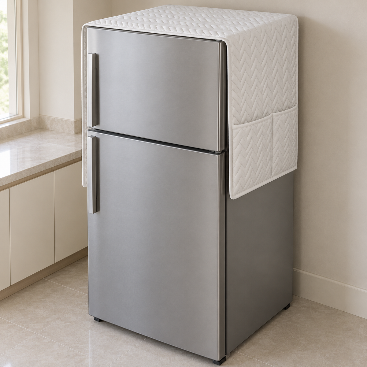 Zigzag Quilted Refrigerator Cover with Pockets – White